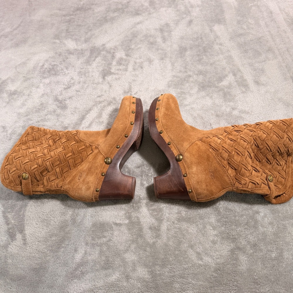 UGG Lynnea Clog Boots Womens 8 Chestnut Brown Suede Woven Studded 3361 - Picture 5 of 9